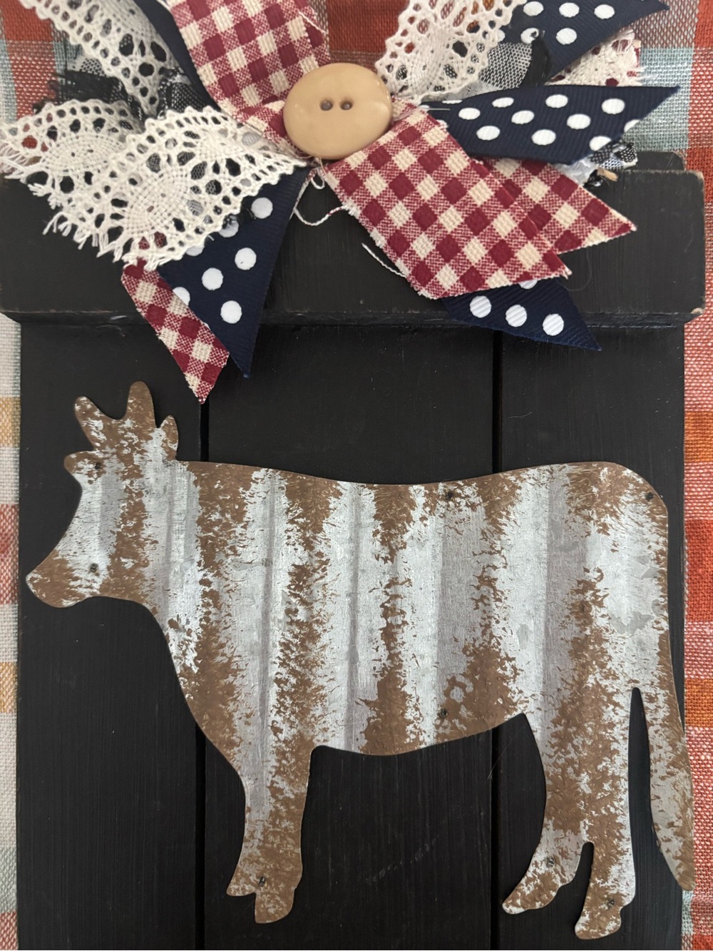Rustic Primitive Country Farmhouse Cow Wood/Tin Wall Hook Decor Bow Final Sale